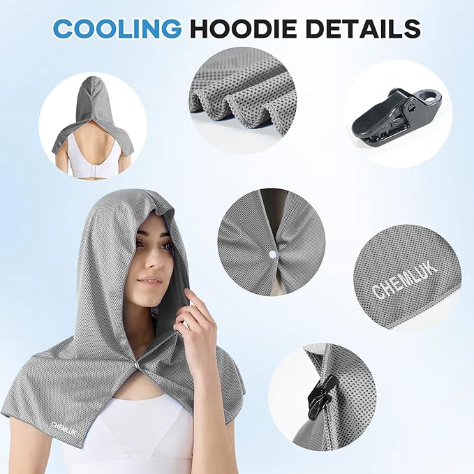 Cooling Hoodie Towel: Cooling Towels for Neck and Face, Instant Cool, UPF 50 Sun Protection, Cool Towel for Hot Weather, Great for Sports, Gym, Golf, Camping - 3 Packs