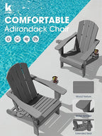 KINGYES Folding Adirondack Chair with Dual Cup Holders - HDPE All-Weather Outdoor Chairs, Wood-Like Patio Chair for Backyard, Camping, Pool & Fire Pit, Grey