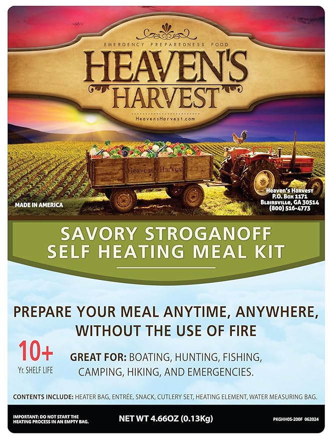 Heaven's Harvest Self Heating Meal Kit - Just add water to activate the heating element and the cooking process begins! Emergency Survival Food with a 10-Year Shelf Life (12-pack, Savory Stroganoff)
