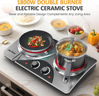 Sunvivi 1800W Dual Burner Portable Electric Ceramic Stove – Knob Control, Indicator Light, Compatible with All Cookware, Ideal for Multiple Cooking Scenarios, Silver
