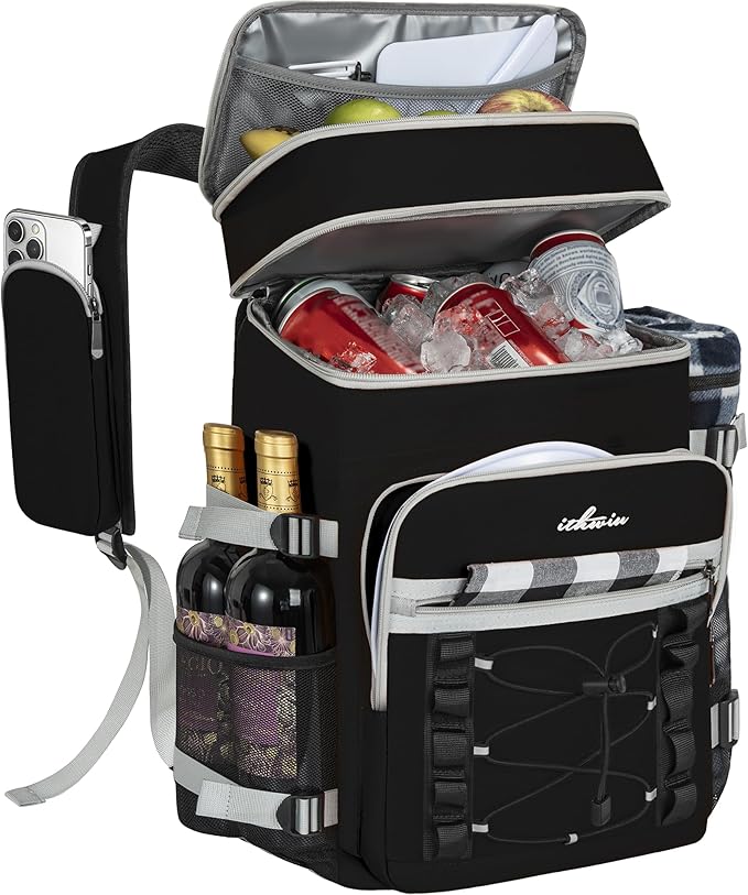 Cooler Backpack, 40 Cans Insulated Lunch Backpack Picnic Backpack for Men&Women, Durable Cooler Bag with 2 Leak Proof Compartments for Picnic, BBQ Camping, Lunch, Beach, Hiking, Black