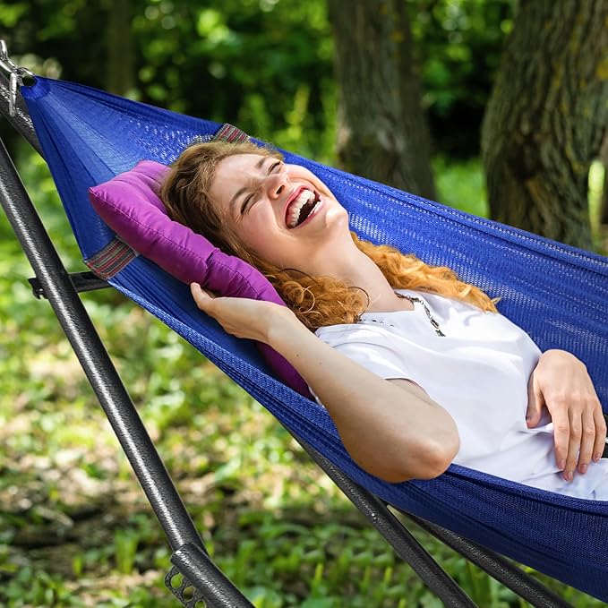 Tranquillo Universal Hammock 600 lbs Capacity, Instant 20s Foldable Hammock Stand, 3-Year Warranty Hammock with Stand, 2 Person Camping Hammock Revolutionary Portable, No Screws, Premium, Blue