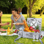 Picnic Basket for 2 with Blanket, Willow Picnic Basket Set with Shoulder Strap&Wine Pouch, Large Willow Hamper with Insulated Cooler for Outdoor, Camping, Beach, Couples, Wedding Gift