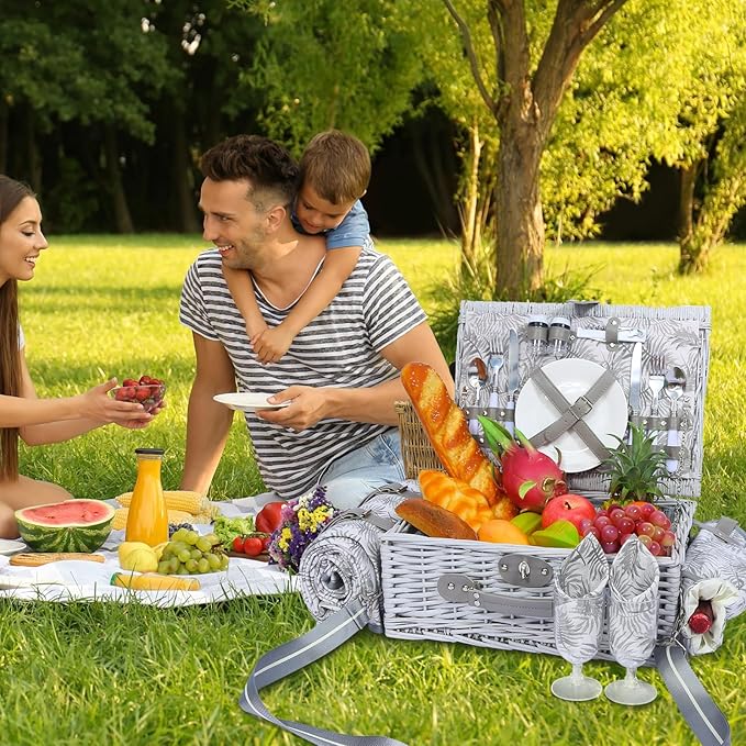 Picnic Basket for 2 with Blanket, Willow Picnic Basket Set with Shoulder Strap&Wine Pouch, Large Willow Hamper with Insulated Cooler for Outdoor, Camping, Beach, Couples, Wedding Gift