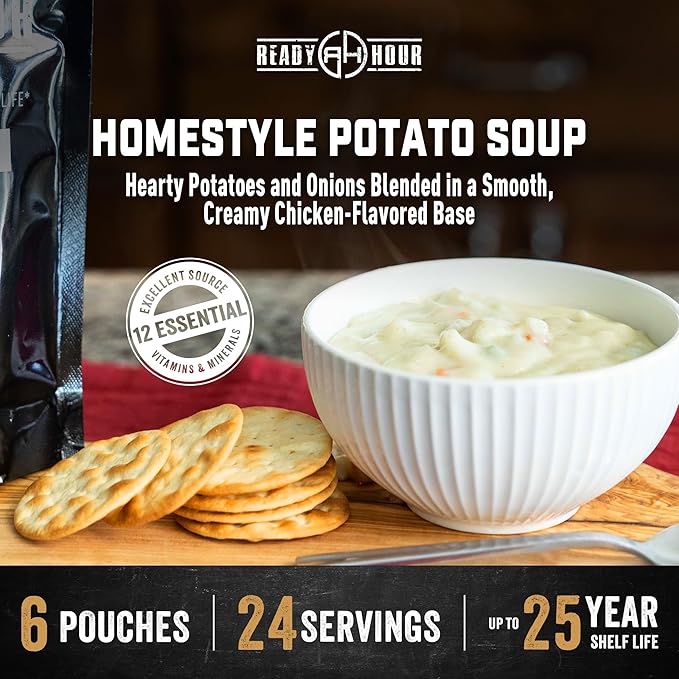 Ready Hour Homestyle Potato Soup Case Pack – 24 Servings (6 Pouches) – Freeze-Dried Soup, Emergency Survival Food, Long-Term Storage, Dehydrated Bulk Meal, Prepper Pantry Essential