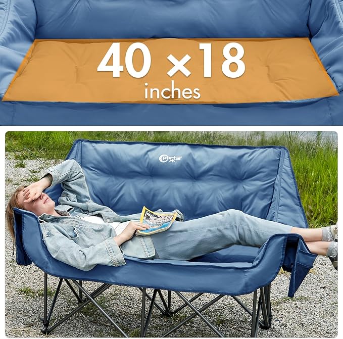 PORTAL Double Camping Chair, 2 Person Folding Loveseat for Adults, Padded Cushion Camp Lawn Love Seat with Side Pocket Portable Couch, Two Person Heavy Duty Wide Chairs with Cup Holder, 600 lbs