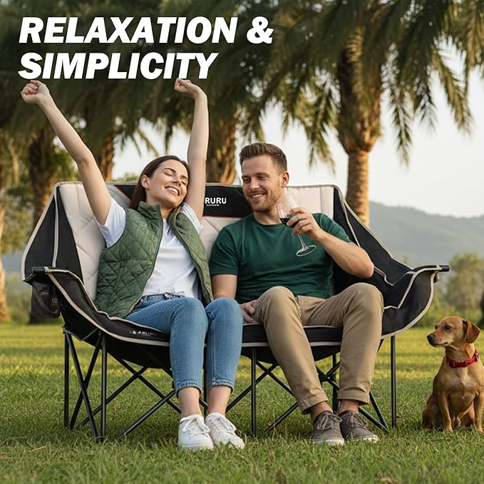 Double Camping Chair, Padded Oversized Camping Loveseat for Adults 2 Person Couch Two Seat Support 600LBS Heavy Duty Folding Camp Lawns Chairs for Outdoor Beach Backyard Tailgating Sports