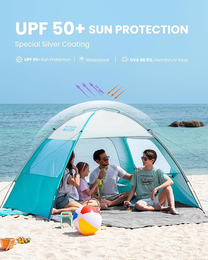 OutdoorMaster Beach Tent for 3/4/6/8 Person - Easy Setup Sun Shade Shelter, Portable Beach Shade Sun Canopy with UPF 50+ UV Protection, Removable Skylight Family Size
