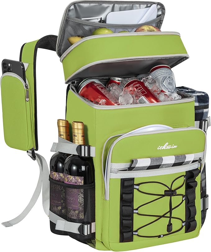 Cooler Backpack, 40 Cans Insulated Lunch Backpack Picnic Backpack for Men&Women, Durable Cooler Bag with 2 Leak Proof Compartments for Picnic, BBQ Camping, Lunch, Beach, Hiking, Green