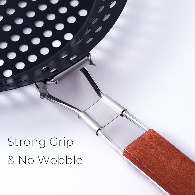 12-Inch Kozmatik Grill Pan Stovetop Turkish - Black Non-Stick Carbon Steel Grill Basket Vegetable with Handle | Vegetable Charring Pan for Stovetop & Grill