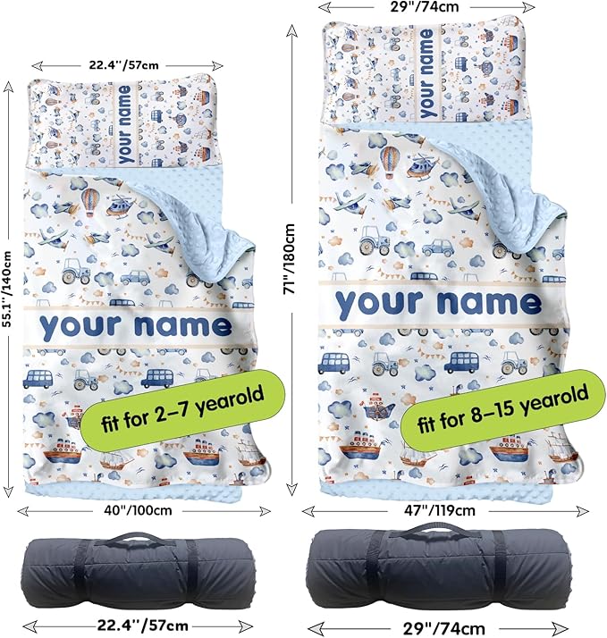 Personalized Toddler Nap Mat for Preschool, Custom Name Kids Sleeping Bag for Daycare, Kindergarten Roll Up Sleeping Mat with Removable Pillow and Soft Blanket, Fun Themes for Boys & Girls