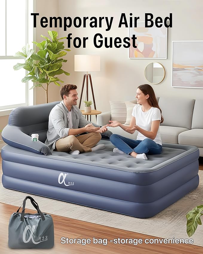 A-ER-FA Queen Air Mattress with Detachable Headboard and Cup Holder - 20 Height 700lbs Capacity Comfort Inflatable Bed for Guests Home Camping and Travel Durable Construction,Colchón Inflable,Air Bed