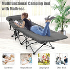 Goplus Camping Cot, Folding Camping Cot with Mattress, Pillow, Carry Bag, Storage Pocket, Camping Bed Military Cot for Home Office Nap Hiking, Heavy-Duty Portable Sleeping Cot for Adults Kids (Grey)