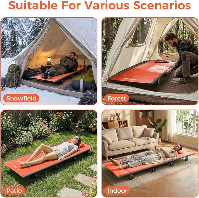 KingCamp Ultralight Camping Cot, Portable Folding Tent Camping Cot, 265 Lbs Heavy Duty Sleeping Cot with Pillow for Adults Outdoor Backpacking Travel Hiking, Orange
