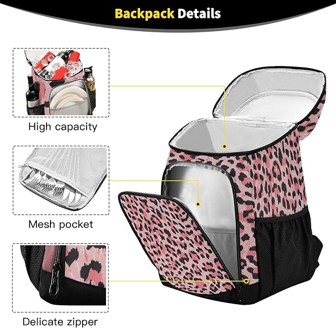 Leopard Pink Cooler Backpack Insulated Waterproof Leak Proof Beach Cooler Bag Lightweight Lunch Picnic Camping Backpack Cooler for Men and Women