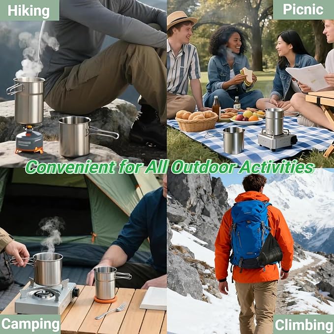Foldable Camping Cups Mugs Camping Pot Cookware 304-Food-Grade Outdoor Camp Cooking Set with Vented lid,Stainless Steel Backpacking Cookware for Hunting