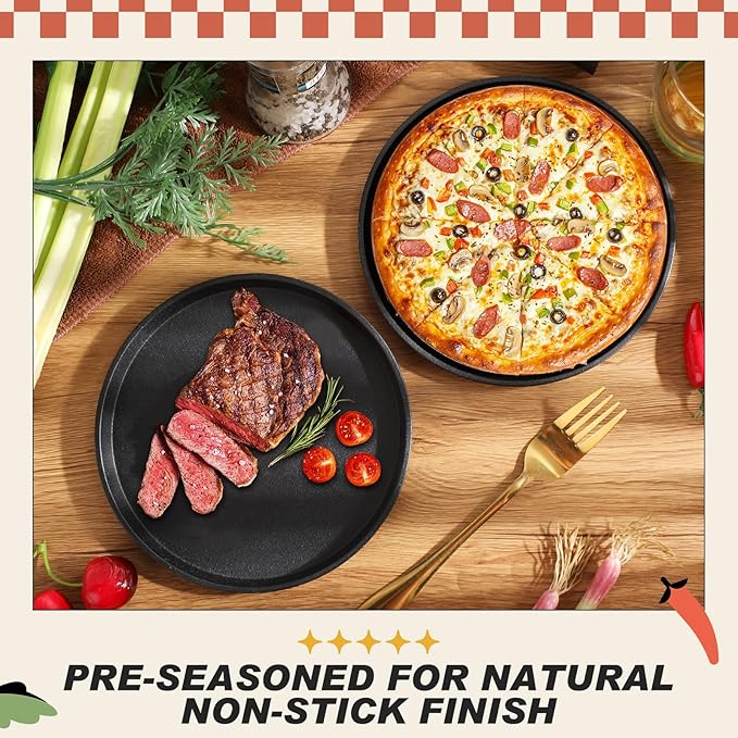 Maxdot 2 Pcs Small Cast Iron Griddle Pan 7.5 Inch Easter 4th of July Round Cast Iron Pizza Pan Camping Skillets Mini Carbon Steel Griddle for BBQ, Baking, Grilling, in the Oven, on the Stove or Grill