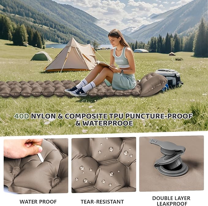 Ultralight Air Pad: 1.9lbs Camping Mattress with Pillow & Foot Pump - 4" Thick with One-Second Deflation for Easy Backpacking
