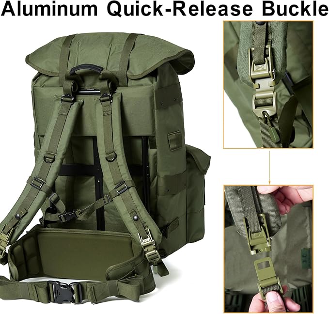 Military ALICE Pack Large Size with 2pcs Support Shelf – Tactical Rucksack with Expandable Straps, Aluminum Quick-Release Buckles, and Enhanced Waist Support – US Logo, Army Green