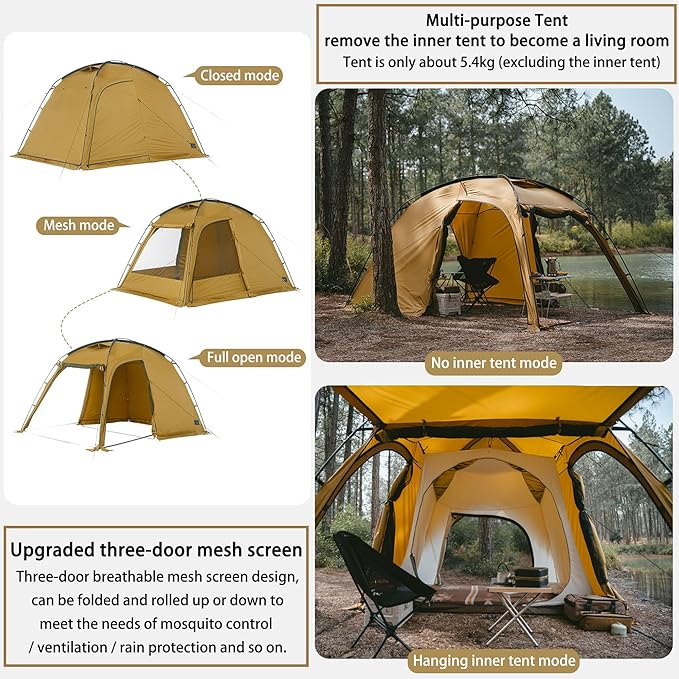 Naturehike Dune Hot Tent with Stove Jack, 117 sq ft 4 Seasons Camping Tent, 2-4 Person Waterproof Large Tent for Family, Car Camping, Picnic, Fishing, 6 Person
