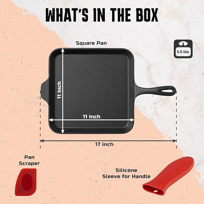 Cast Iron Square Griddle Pan 11 Inch - Pre-Seasoned Pan with Heat-Resistant Handle and Scraper for Stove Top, Campfire, Indoor, Outdoor Cooking, Oven-Safe Durable Cookware.