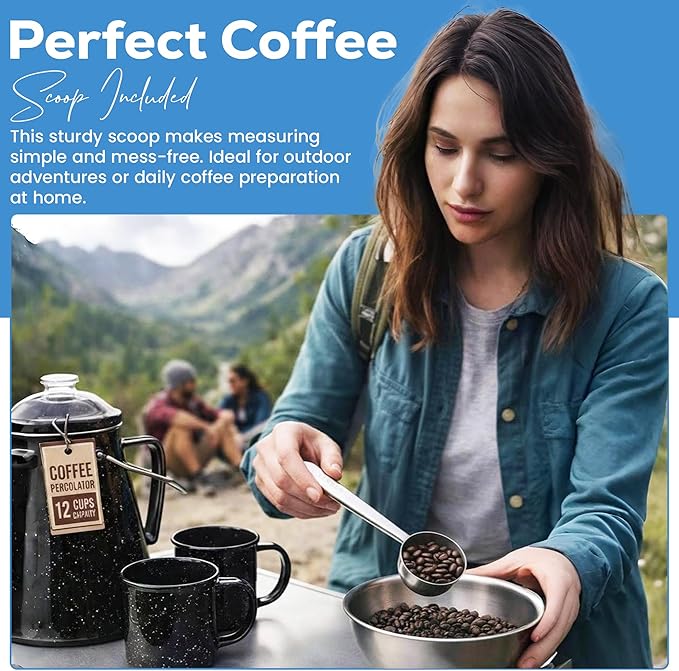 Toughty Enamel Coffee Percolator - Stovetop Coffee Maker for Camping, Open Fire, Grill, or Stove - Vintage Coffee Pot - Durable Old-Fashioned Metal Percolator w/ 2 Cups & 12 Coffee Filters - Black