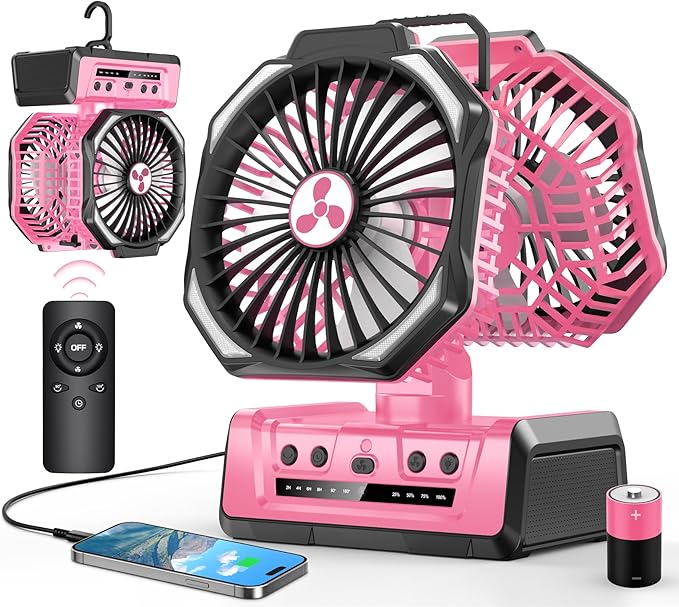 Dual Head Portable Rechargeable Fan 20000mAh Battery Powered Camping Fan Cordless with LED Lantern & Remote, Auto Oscillation, Hook, Battery Operated for Tent Office Travel Picnic Jobsite Orange