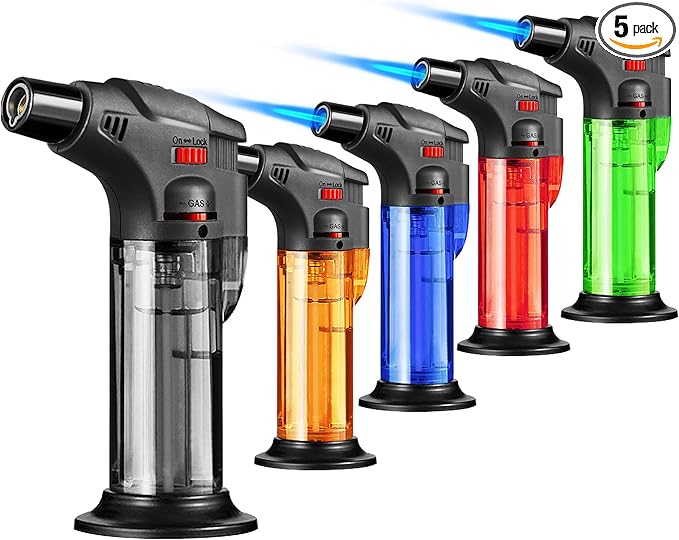 Torch Lighters 5 Pack Butane Refillable Jet Flame Torch Lighter Multi Utility Lighter Blow Windproof Torch for Candle Fireplace Camping Grill BBQ(Fuel Not Included)