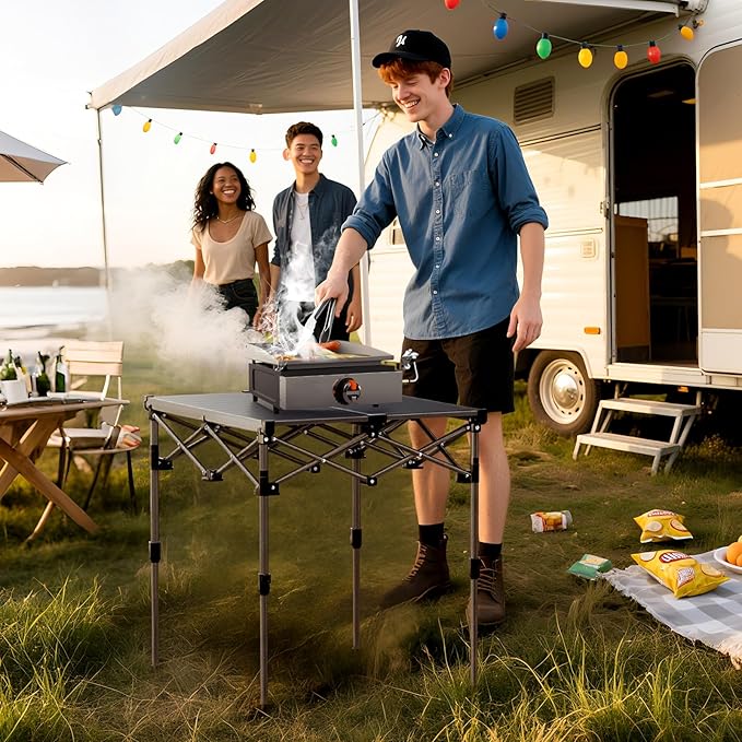 Anbte Camping Table Foldable, 2 Height Max 27.5" Aluminum Roll up Camping Table with Carry Bag & Heat-Resistant Tabletop, Lightweight, for Indoor Outdoor RV BBQ Picnic Patio Beach, 26" x 23", Black