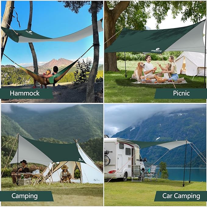Camping Tarp with Poles & Retainer, 15x12.5FT Waterproof Canopy, 210D Oxford UPF100+ UV Sunshade Shelter, Portable Car Awning for Camping, Picnic, Hammock, Backpacking, Outdoor & Beach (Green)