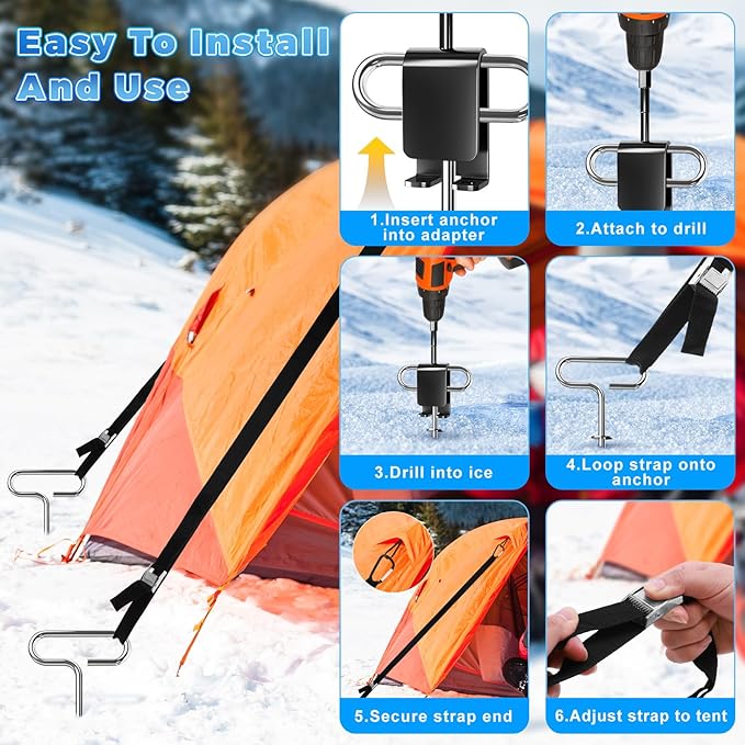Ice Anchor Tool Kit, Ice Anchor Drill Adapter with Ice Fishing Shelter Stake Screws with Storage Bag, Universal Anchors Accessories for Outdoor Camping Tent or Ice Fishing Shanty Shelter Tent