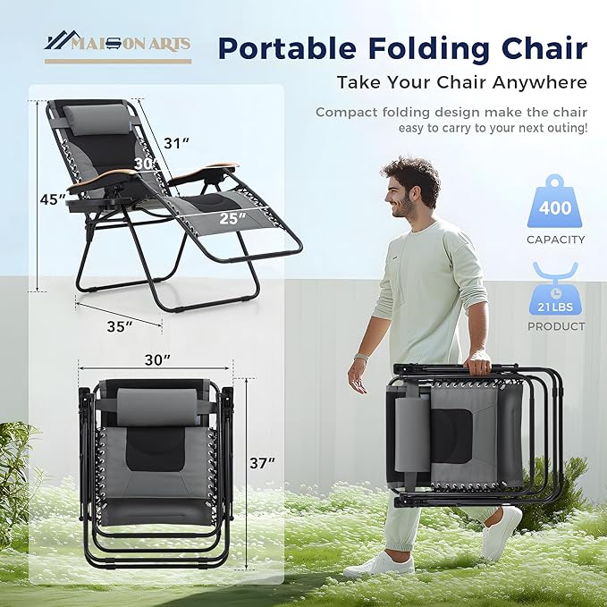 MAISON ARTS Oversized XXL Padded Zero Gravity Chair Set of 2, 30" Wide Seat Foldable Patio Recliner, Anti Gravity Outdoor Lawn Chair with Cup Holder & Pillow, Supports 400lbs, Grey