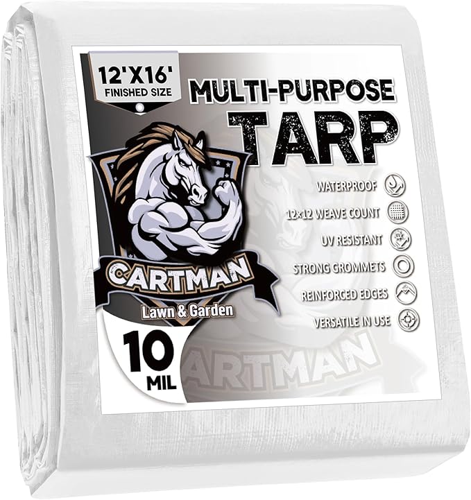 CARTMAN Finished Size 12x16 Feet 10 Mil White Heavy Duty Poly Tarp, Multipurpose Protective Cover, UV Resistant, Waterproof Poly Tarpaulin with Reinforced Edges Tarpaulin with Reinforced Edges