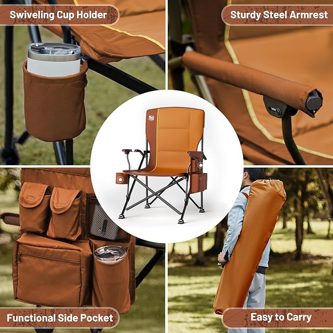 Timber Ridge 500lbs Oversized Folding Camping Chair, Heavy Duty Lawn Chair for Adults, Portable Collapsible High Back Chair with Cup Holder, Side Pocket Cooler Bag, for Outdoor, Sports, Orange
