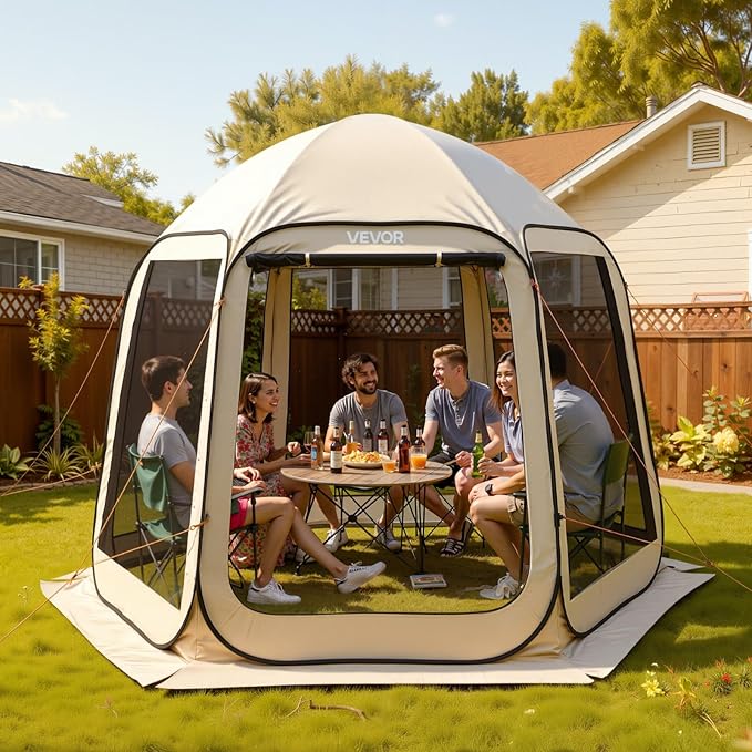 VEVOR 10 x 9.2 ft Pop-Up Screen House Tent, 4–8 Person Portable Screen Gazebo w/Carry Bag, Netting Sides & Ground Stakes, Quick Setup, Screened in Canopy for Garden, Patio & Backyard, Outdoor, Beige