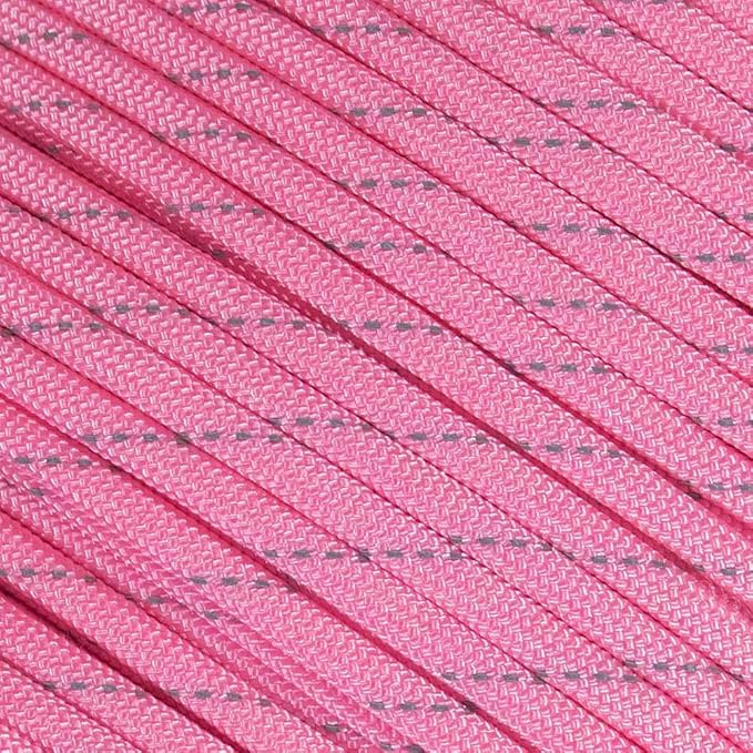 Fluorescent Reflective 550 Type III Guyline Tent Rope Camping Survival Cord High-Visibility Paracord (Reflective Rose Pink, 100 Feet)