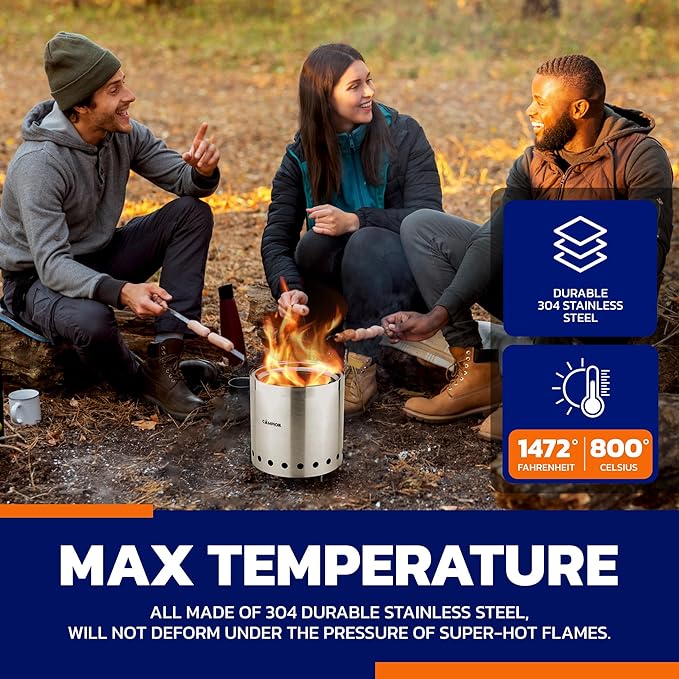 Wood Burning Fire Pit Stove - Smokeless Outdoor Stove for Wood Fires, Camping, Cooking, and Garden Gatherings, Durable, Stainless Steel with Removable Ash Pan, with Stand and Black Carry Bag