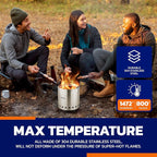 Wood Burning Fire Pit Stove - Smokeless Outdoor Stove for Wood Fires, Camping, Cooking, and Garden Gatherings, Durable, Stainless Steel with Removable Ash Pan, with Stand and Black Carry Bag