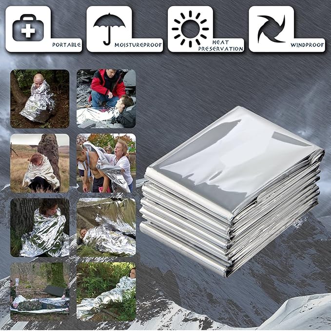 Emergency Foil Blanket (Pack of 100), Survival Thermal Mylar Blankets Individually Packaged, 51 x 83 Inches, Silver, Perfect for Outdoors, Hiking, Marathons or First Aid