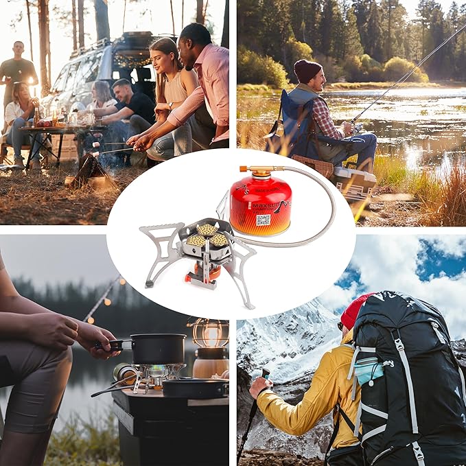 6800W Camping Stove with Piezo Ignition, Portable Backpacking Gas Stove, 1LB Propane Tank Adapter, Butane Adapter for Outdoor Cooking, Picnic, Camping and Hiking