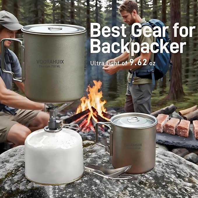 Titanium Mug Camping Pot Titanium Cup 420ml & 750ml Titanium Pot with Lid, Spork, Bag Lightweight Titanium Camping Pot for Backpacking Hiking Picnic and Traveling