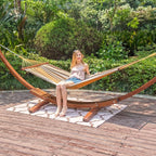 Lazy Daze Hammocks 12 FT Outdoor Arc Wood Hammock Stand, 2 Person Hard Pine Wood Hammock Stand with Carabiners and Chains for Outdoor Patio Garden Yard Poolside, 400lb Capacity, Brown