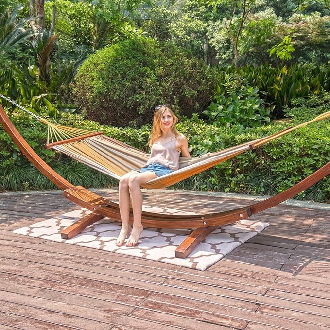 Lazy Daze Hammocks 12 FT Outdoor Arc Wood Hammock Stand, 2 Person Hard Pine Wood Hammock Stand with Carabiners and Chains for Outdoor Patio Garden Yard Poolside, 400lb Capacity, Brown