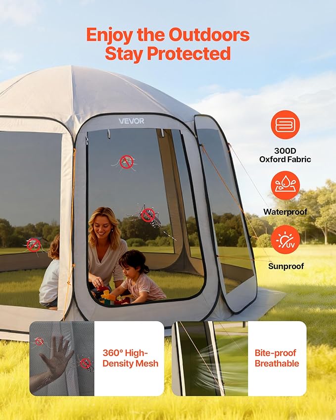VEVOR 12 x 11 ft Pop up Screen House Tent, 10-12 Person Screen Gazebo w/Carry Bag, Netting Sides & Ground Stakes, Quick Setup, Screened in Canopy for Garden, Patio & Backyard, Outdoor, Beige