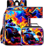 3Pcs Cars Backpack for Boy, 17" Bookbag for Elementary Preschool Kindergarten, Kids Fire School Backpacks with Lunch Box (Red)