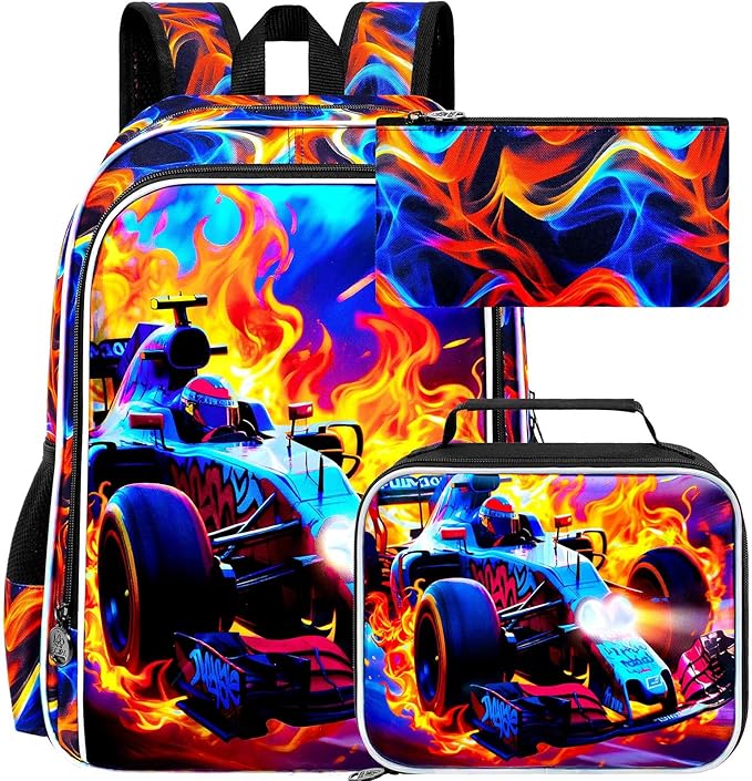 3Pcs Cars Backpack for Boy, 17" Bookbag for Elementary Preschool Kindergarten, Kids Fire School Backpacks with Lunch Box (Red)