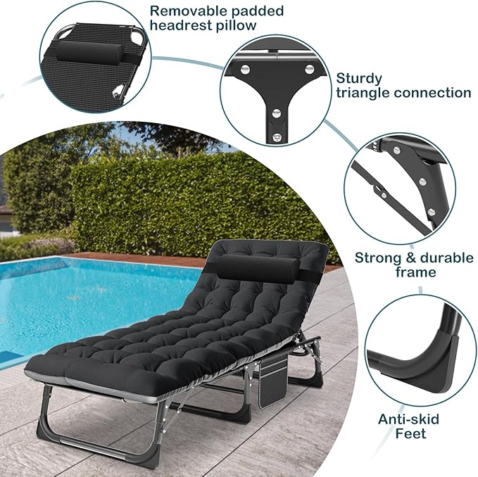 NAIZEA Folding Camping Cot W/Mat for Adults, Adjustable Lounge Chair Outdoor, Heavy Duty Sleeping Cot Bed, Travel Camp Cots for Pool, Beach, Patio Sunbathing