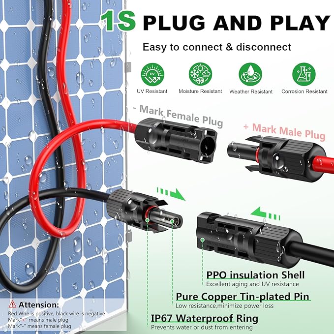 Oududianzi 12AWG Solar Extension Cable 100Ft, 12Gauge Tinned Copper PV Wire, Solar Panel Wires and Connectors for Home RV Boat Outdoor Camping Photovoltaic Systems, Set of 2