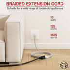 16/3 Braided Extension Cord 10 FT, Braided Extension Cord Flexible & Durable, Indoor 3 Prong Power Cable, Suitable for Home and Office, 13 Amp 1625 Watt 125VAC 16AWG, ETL Listed