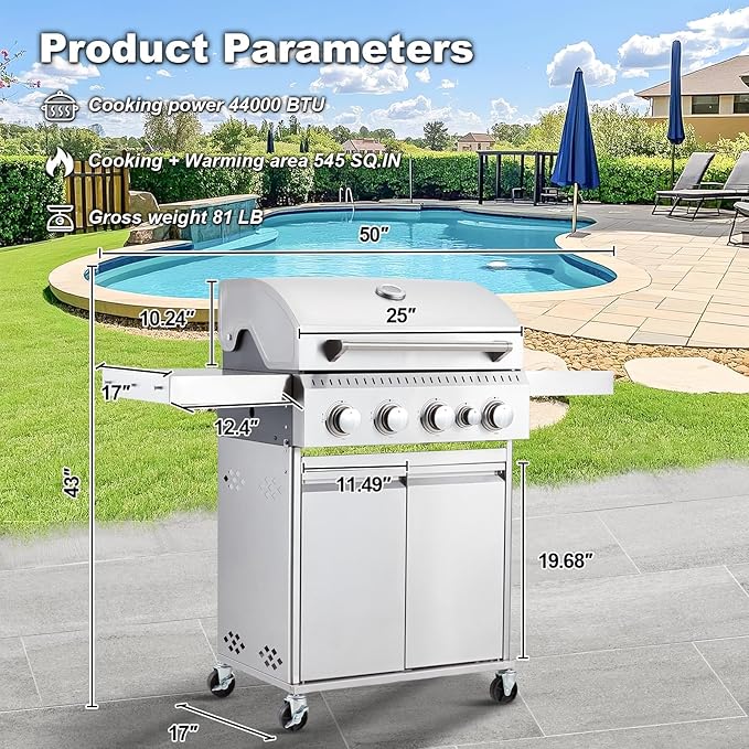 MELLCOM Stainless Steel 4 Burner BBQ Propane Gas Grill with Cast Iron Grates & Side Stove, Stainless Steel 44000 BTU Burner Barbecue Grill for Patio,Camping, Outdoor Cooking